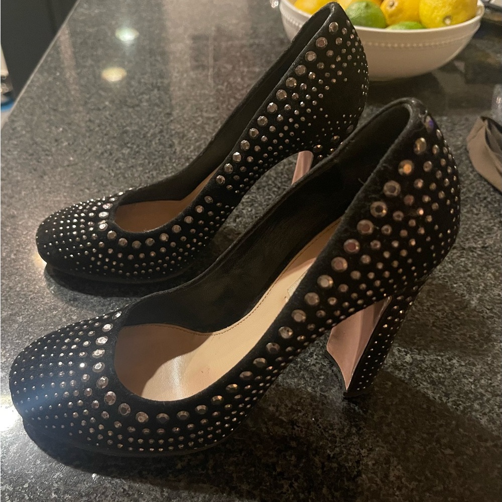Prada Suede Round Closed Toe Heel with Silver Accents
